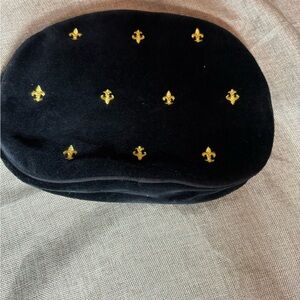 Oscar de la Renta Cosmetic Bag Black Velour with Gold Fleur de Lis Emblems